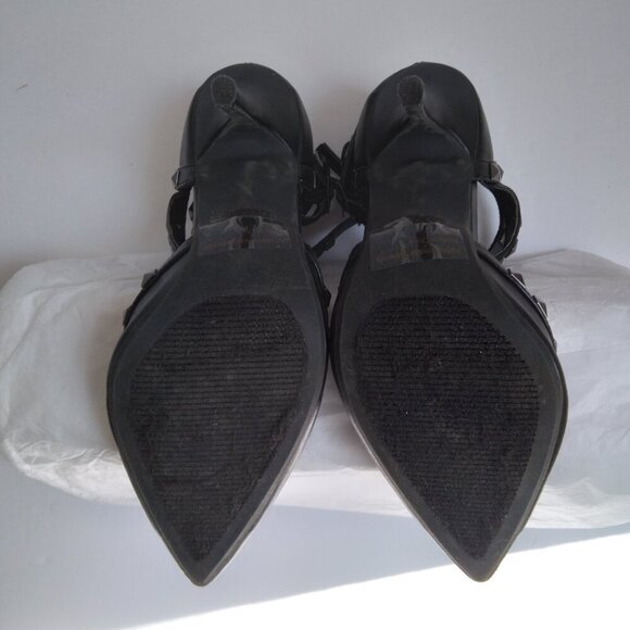 Black Pointed Toe 5 Brass Studded Strap Gladiator Style Stiletto Heels sz 7 - Picture 7 of 11